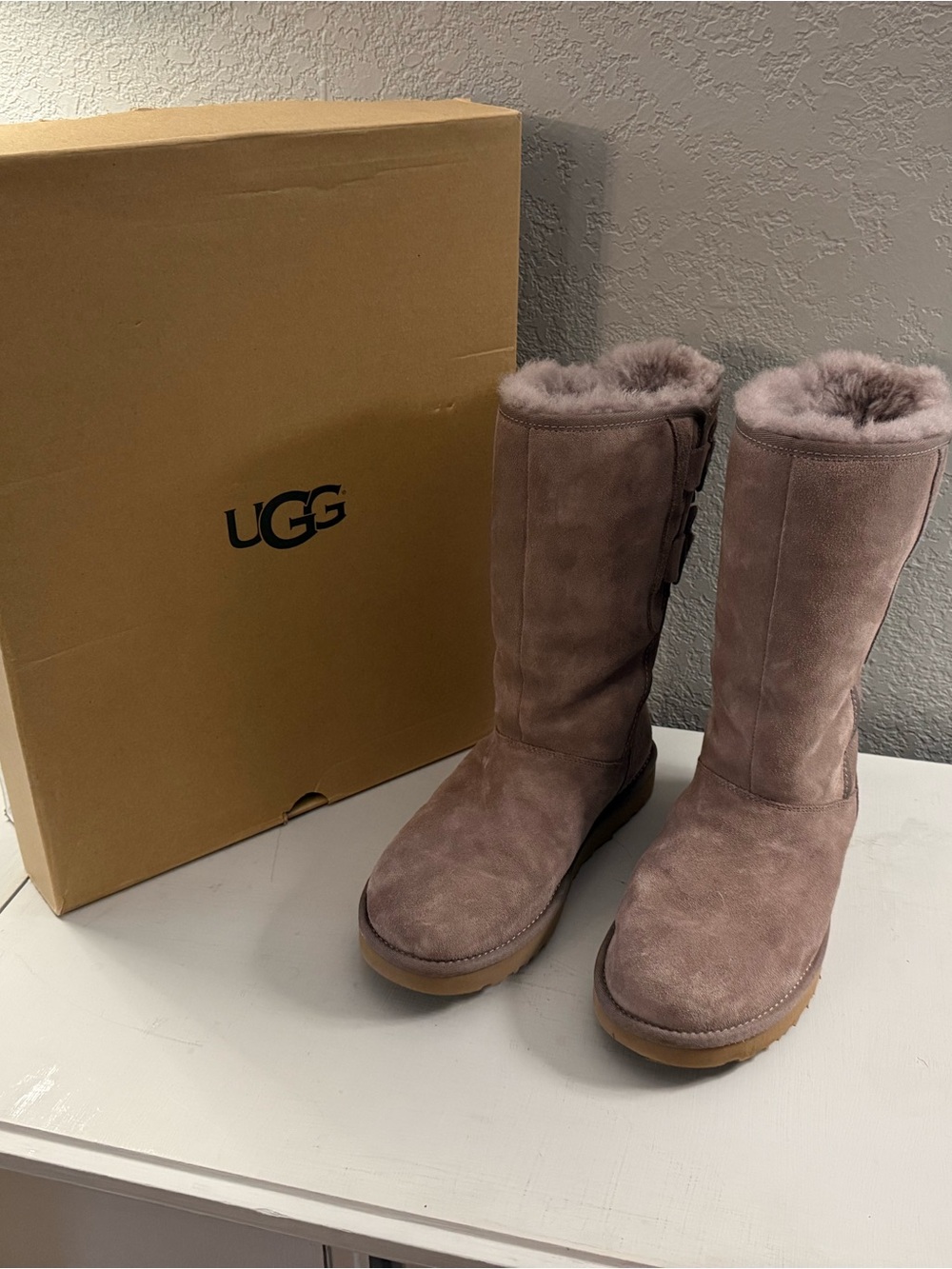 UGG Tall Suede Shearling Boots in Mauve Taupe